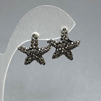 Stud Earrings 'Sea Star' with Dark Crystals, Silver-Tone Metal, 20mm