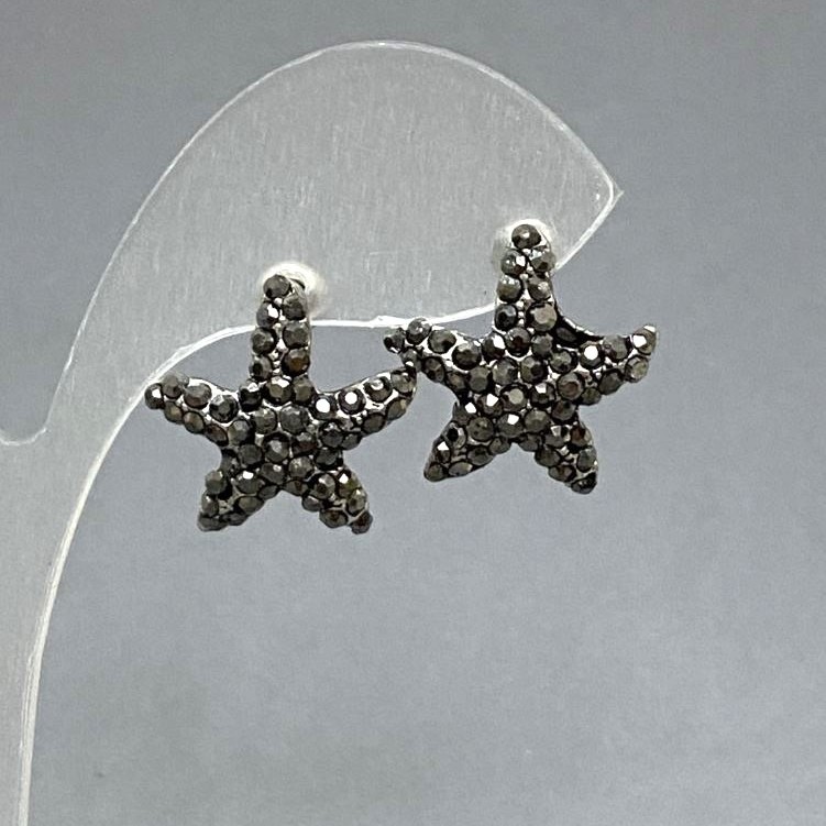 Stud Earrings 'Sea Star' with Dark Crystals, Silver-Tone Metal, 20mm