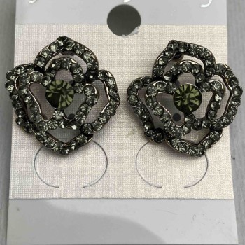 Rose Stud Earrings, Dark Crystals, Gold-Tone Metal, 20mm