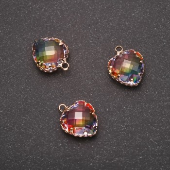 Sale! Pendant 'Heart' Rainbow Color, Golden Frame 12x15mm