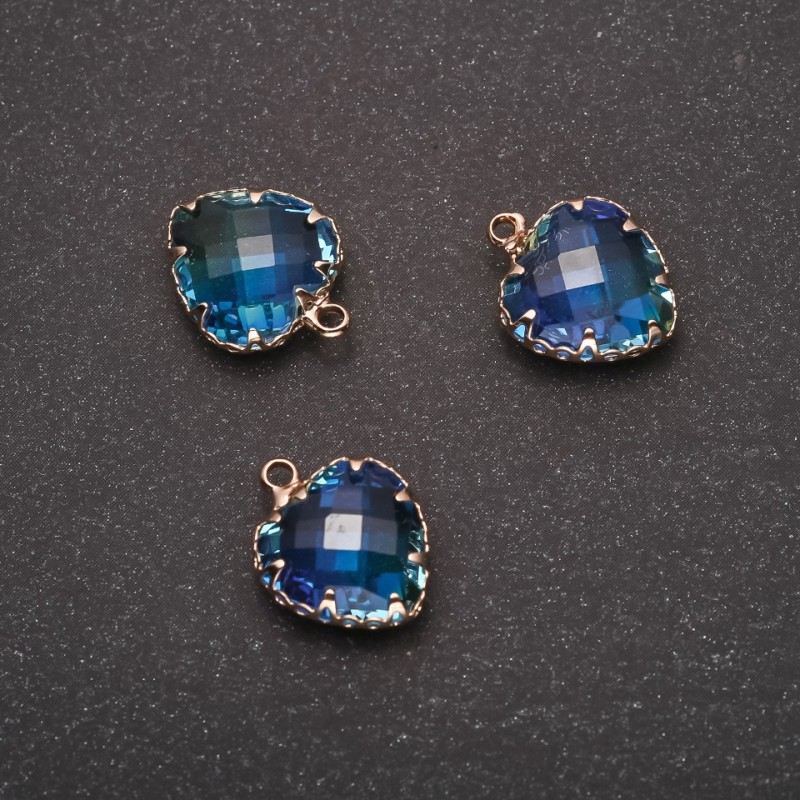 Sale! Heart Pendant in Blue color, Gold-tone Bezel 12×15mm