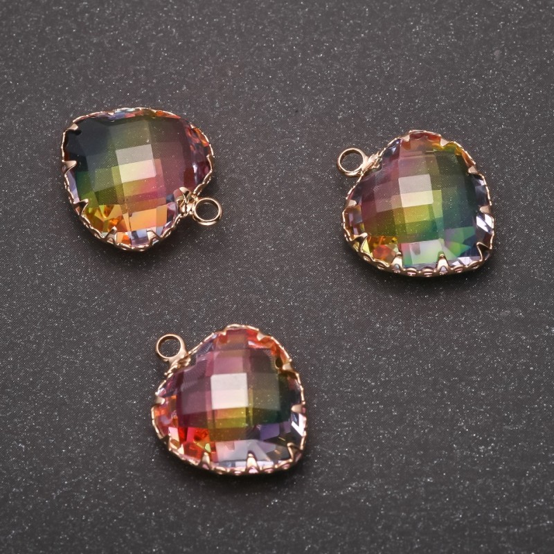 Discount! Pendant 'Heart' Rainbow color, Gold-tone Frame 16x20mm