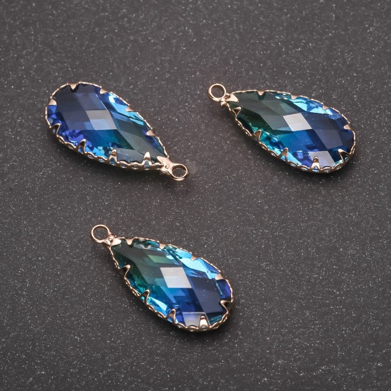 Sale! Drop Pendant in Yellow-Blue Color with Gold-Tone Bezel 10x24mm