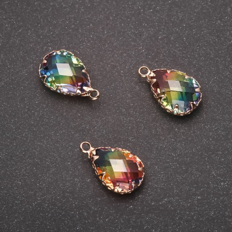 Sale! Pendant 'Drop' Rainbow Color, Gold-Tone Setting 10x17mm