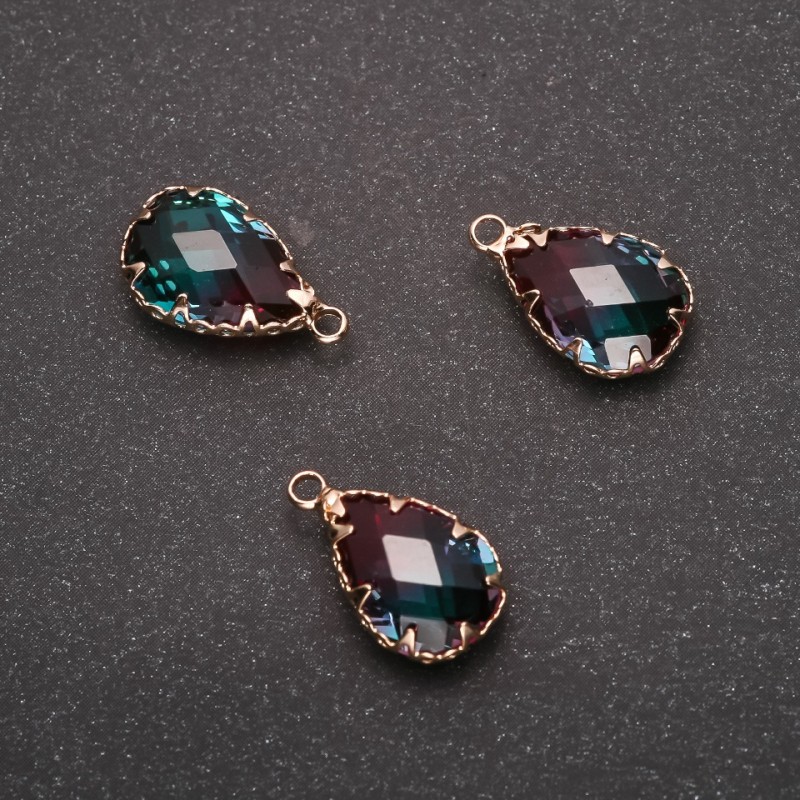 Sale! Pendant 'Drop' Raspberry-Green color, gold-tone setting 10x17mm