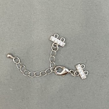 Clasp for two-strand bracelets and beads with crystals and extension chain, silver-colored metal, diameter 9×12 mm, length 5 cm