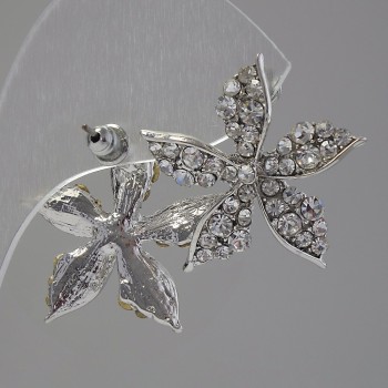 Flower Stud Earrings with White Crystals, Silver-Plated Metal, 2.5 cm