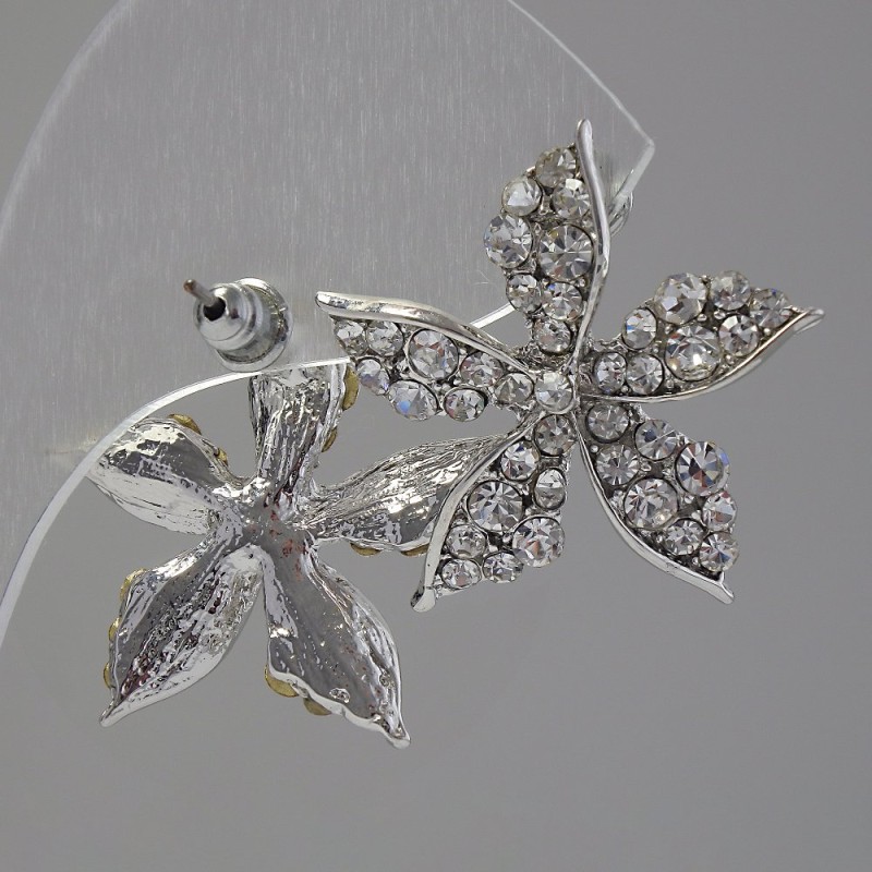 Flower Stud Earrings with White Crystals, Silver-Plated Metal, 2.5 cm