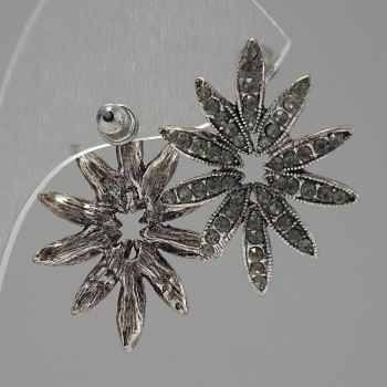 Flower Stud Earrings, Pale Crystals, Silver-Tone Metal, 30mm