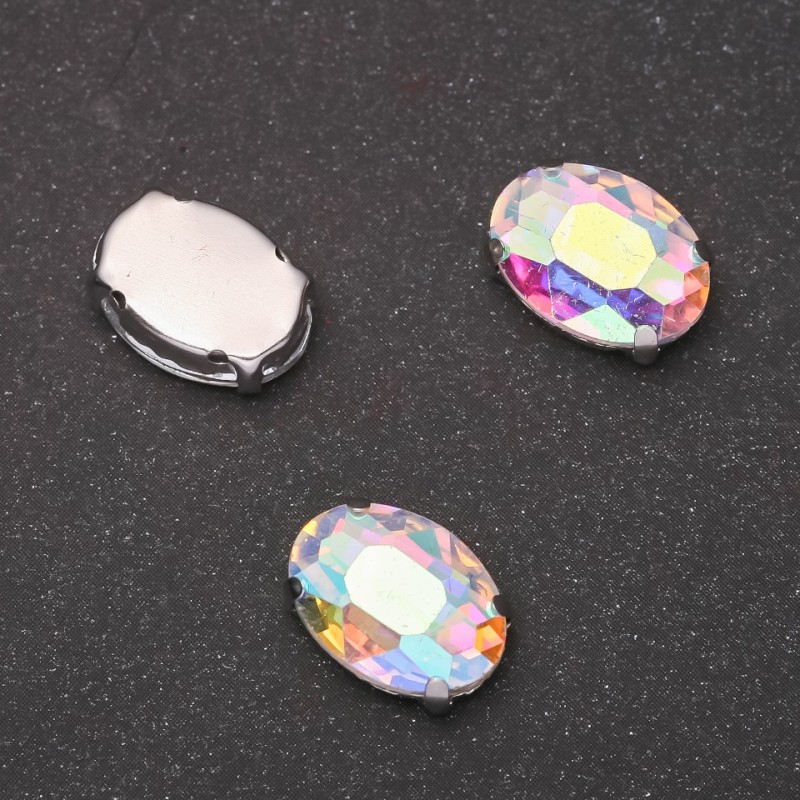 Price per pack / 10 pcs. Sew-on crystal in prong setting, Oval 10×14 mm, iridescent