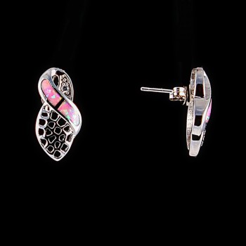 Stud Earrings with Delicate Openwork, Pink Opal Imitation Insert — Silver 20×10 mm