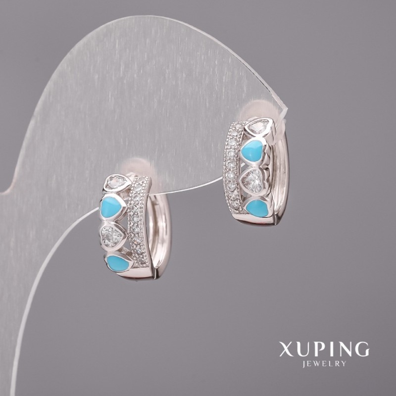 Xuping Earrings with White Stones and Blue Enamel, 6x15 mm, Rhodium-plated
