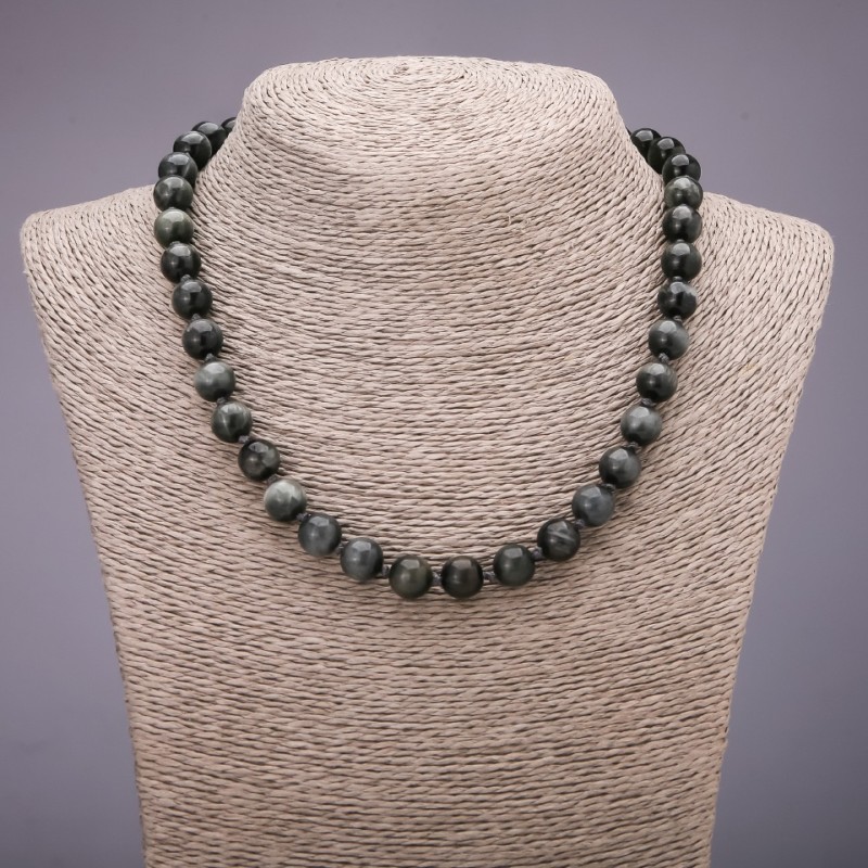 Hawk's Eye natural stone bead necklace, smooth beads, 10 mm diameter, 45 cm length