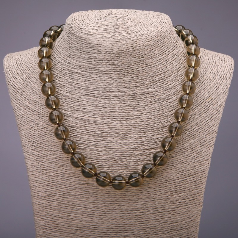 Necklace of imitation smoky quartz beads, smooth beads, diameter 12 mm (±), length 46 cm