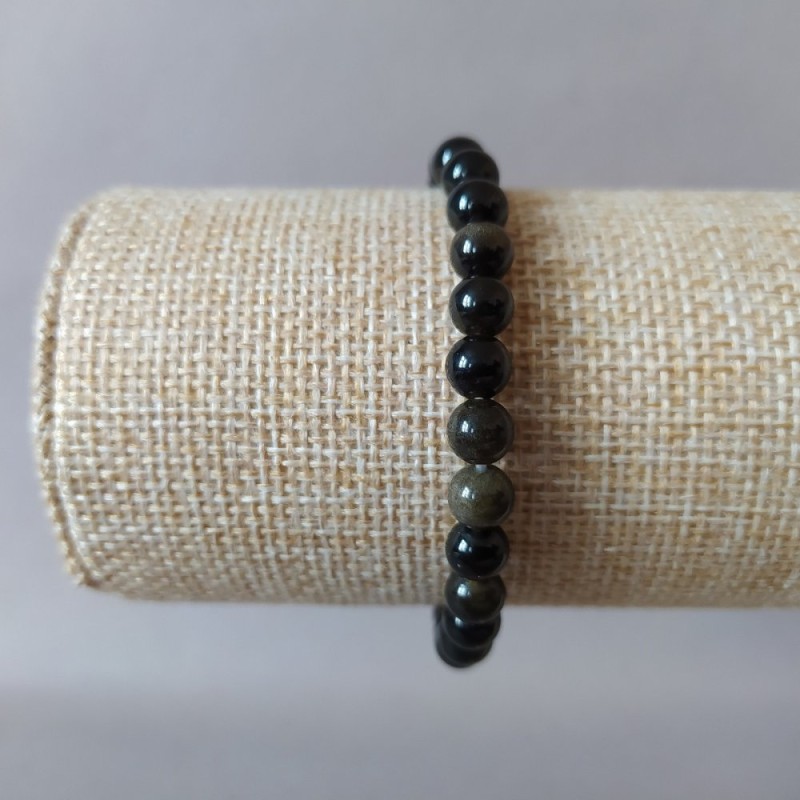 Golden Obsidian Natural Stone Bracelet on Elastic, Smooth Beads, 6 mm Diameter, 18 cm Length
