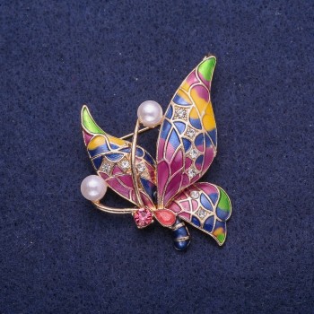Sale! Butterfly brooch with enamel and beads, gold-tone metal 44x44mm