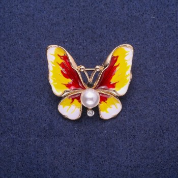 Discount! Butterfly Brooch with Pearl Bead and Enamel, 30x35mm Yellow Metal