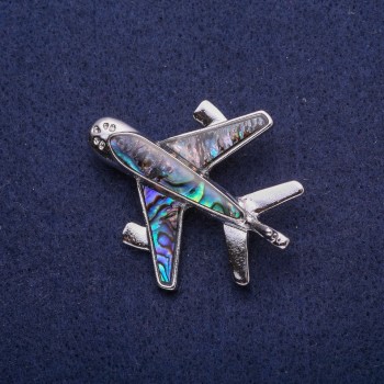 Discount! Abalone Plane Brooch, Silver-toned metal 38x44 mm