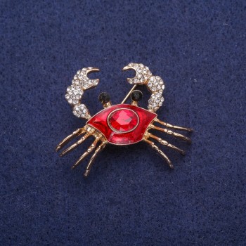 Discount! Crab Brooch with Red Enamel and Crystals, Gold-Tone Metal 30x40mm