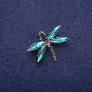 Discount! Dragonfly Brooch with Green Crystals, Silver Metal 26x32mm