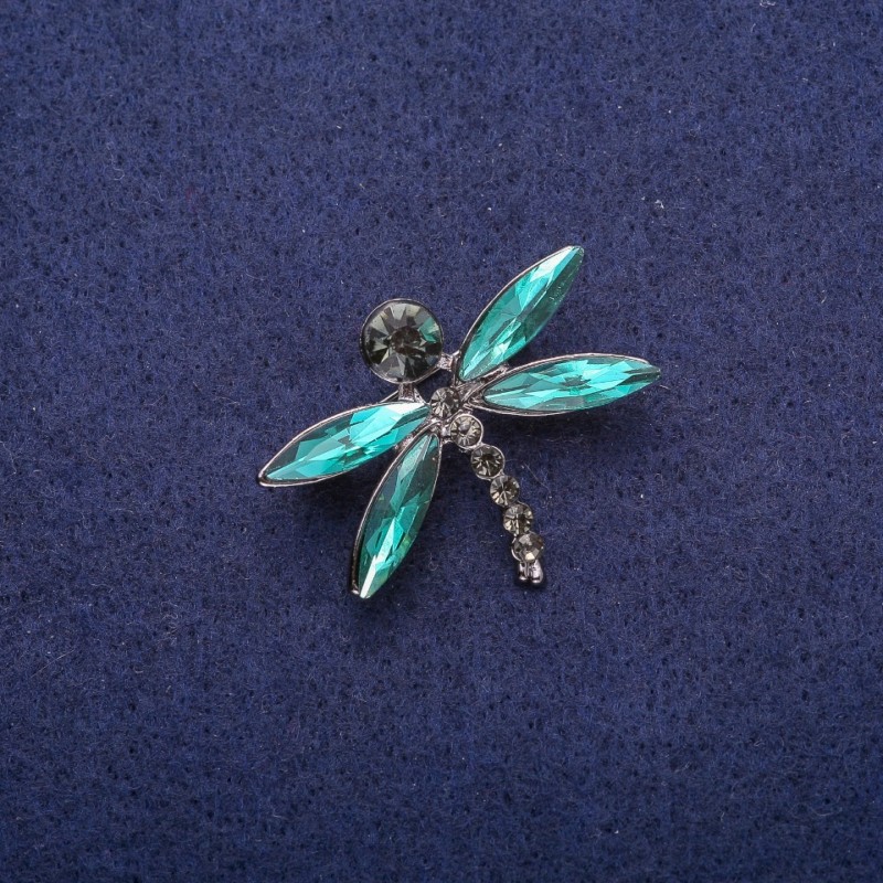 Discount! Dragonfly Brooch with Green Crystals, Silver Metal 26x32mm
