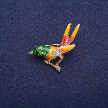 Discount! Bird on a Branch Enamel Brooch with Crystals, Golden Metal 34x33mm