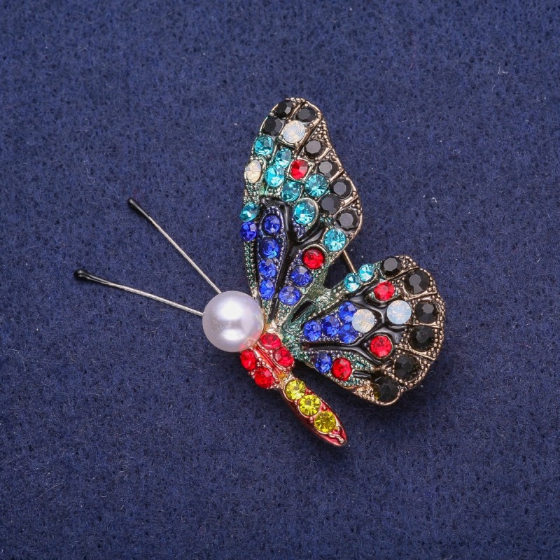 Sale! Butterfly Brooch with Rhinestones and Pearl Inlay, Yellow Metal 32x41mm