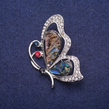 Sale! Butterfly Brooch with Chalcedony and Crystals, Silver-Tone Metal 33x47mm