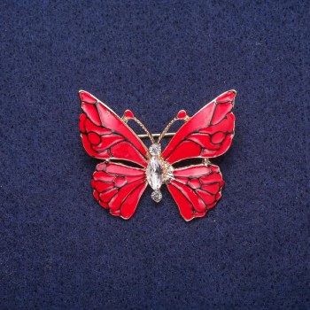 Sale! Red enamel butterfly brooch with crystal, gold-tone metal 29x37mm