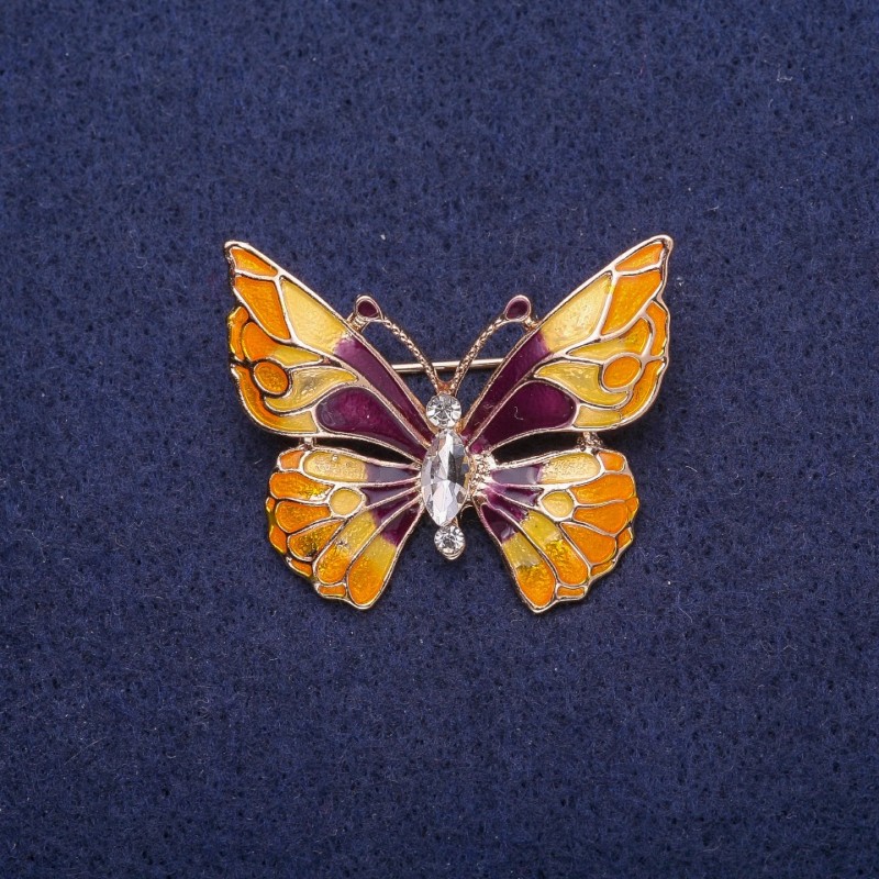 Sale! Butterfly Brooch with Enamel and Crystal, Gold-Tone Metal 29×37 mm