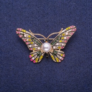 Discount! Butterfly Brooch with Rhinestones and Bead, yellow metal 28x46mm