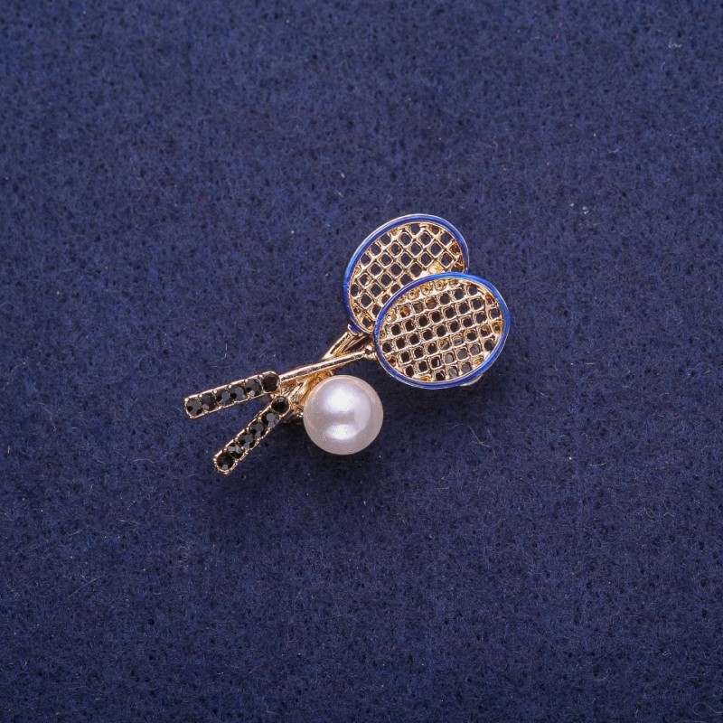 Discount! Pearl Tennis Rackets Brooch (Imitation), Golden Metal 18×33mm