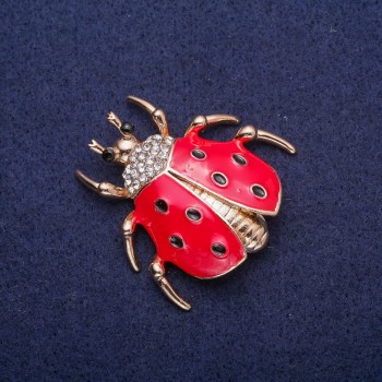 Discount! Ladybug Brooch with Enamel and Crystals, Gold-Tone Metal 38x36mm