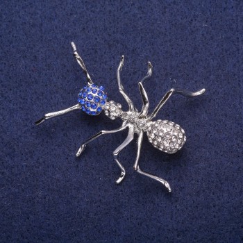 Discount! Ant Brooch with Crystals, Silver-tone Metal 35x44mm