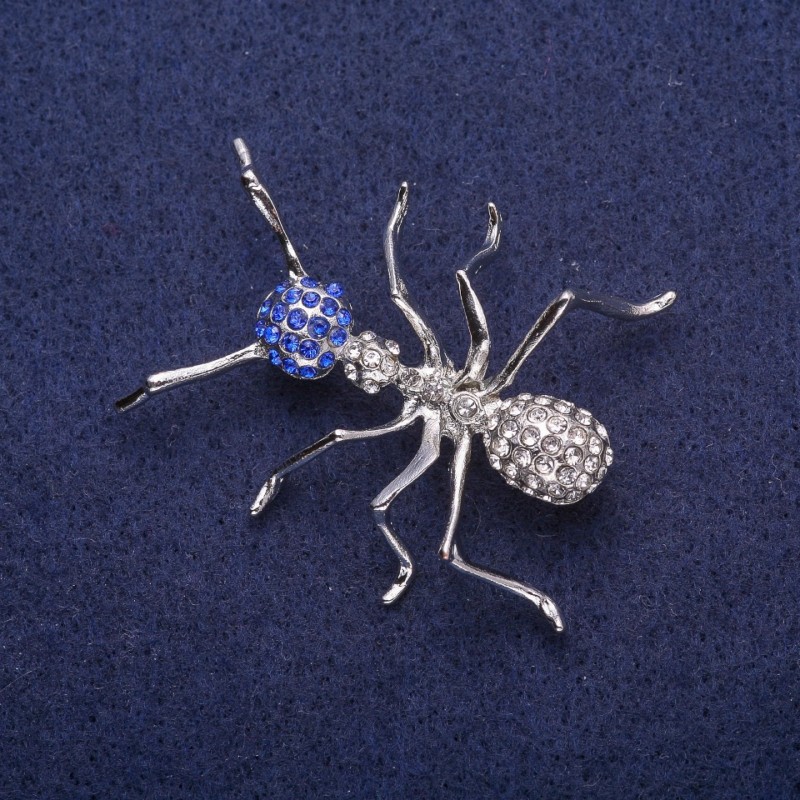 Discount! Ant Brooch with Crystals, Silver-tone Metal 35x44mm