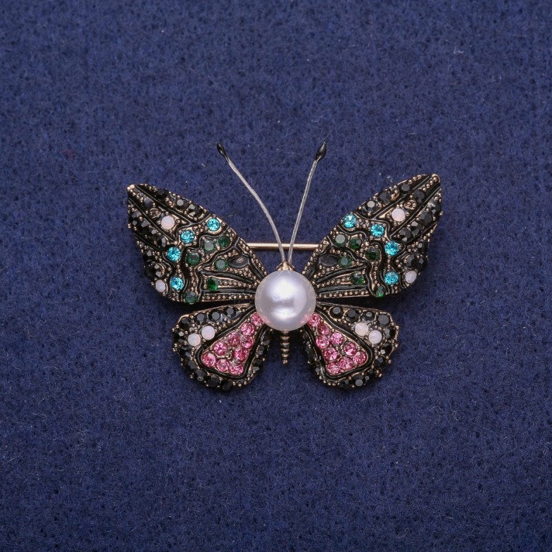 Sale! Butterfly Brooch with a Pearl in Multicolored Rhinestones, Gold-Toned Metal 30x41mm