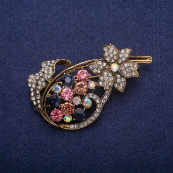Sale! Flower Brooch with Multicolored Crystals, Gold-Tone Metal 40x65 mm