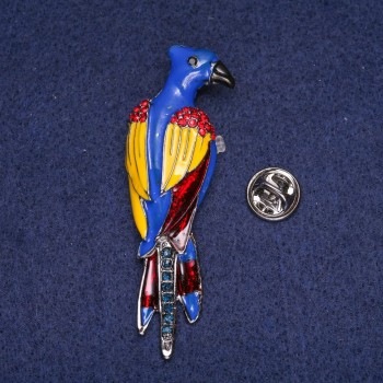 Discount! Parrot Brooch Enamel with Crystals, Gray Metal 20x65mm