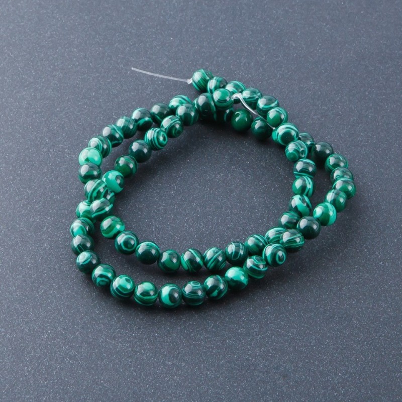 Malachite pressed natural stone beads on thread, 6 mm diameter, 39 cm length