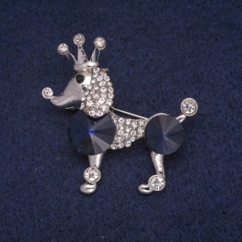 Sale! Poodle Brooch with Crystals, Silver-Tone Metal 39x40mm