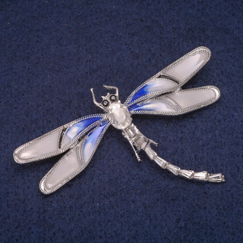 Sale! Dragonfly Brooch with Enamel and Crystal, Silver-Tone Metal 65x44 mm
