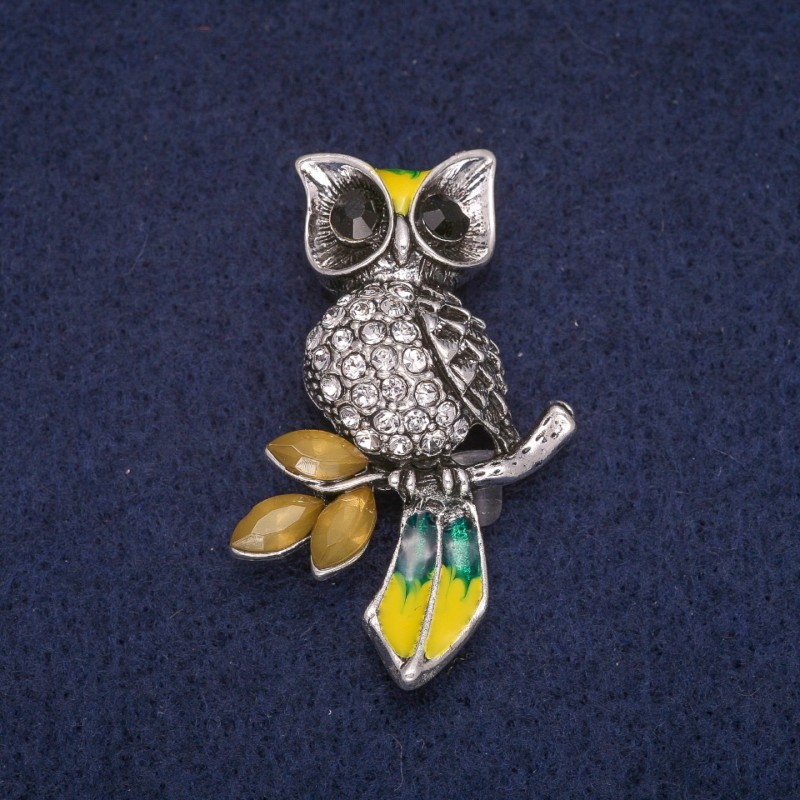 Discount! Owl with Crystals Brooch, silver-toned metal 27x42mm