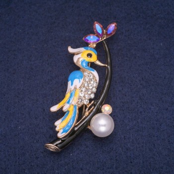 Discount! Brooch 'Bird on a Branch' enamel with crystals, gold-tone metal 34x60mm