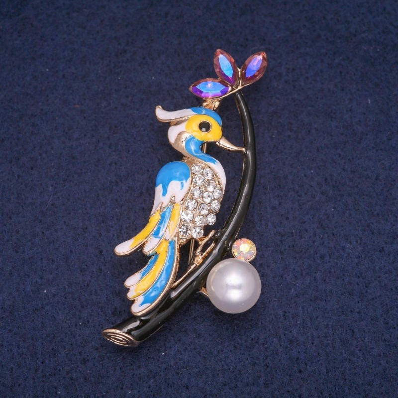 Discount! Brooch 'Bird on a Branch' enamel with crystals, gold-tone metal 34x60mm