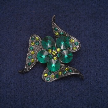 Discount! Flower Brooch with Green Crystals, Gray Metal 41x41 mm