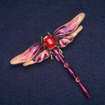 Discount! Dragonfly Brooch with Enamel and Red Crystals, Gold-Tone Metal 56x64 mm