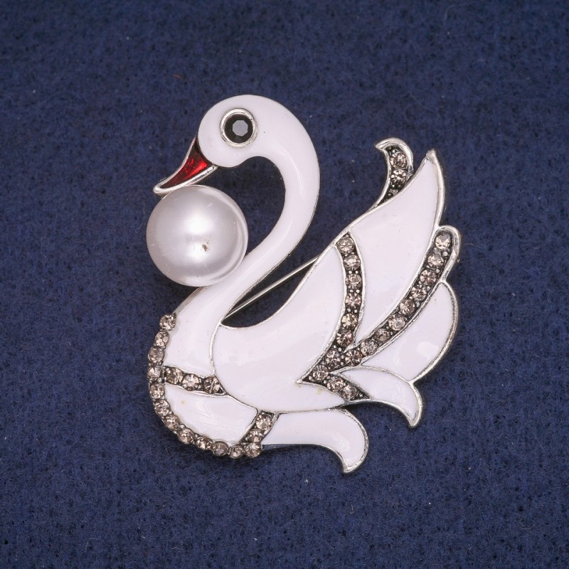Discount! Swan Brooch with enamel, seed bead, and crystals, silver-toned metal 44x46mm