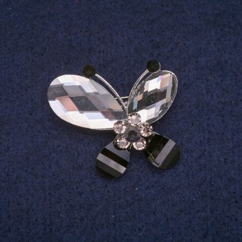 Discount! Butterfly Brooch with Crystals, Silver-Tone Metal 32x32mm