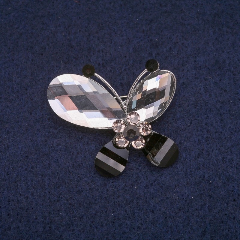 Discount! Butterfly Brooch with Crystals, Silver-Tone Metal 32x32mm