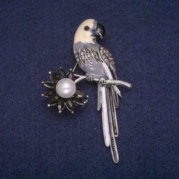 Discount! Parrot Brooch with Enamel, Bead Inlay, and Crystals, Gray Metal 37x58 mm